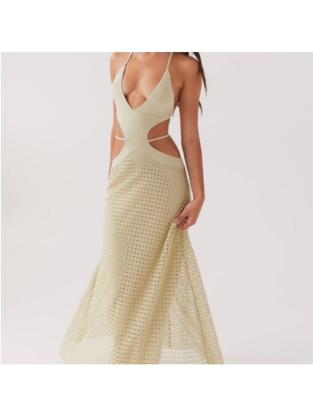 Plunge Neck Cutout Maxi Dress in Light Beige